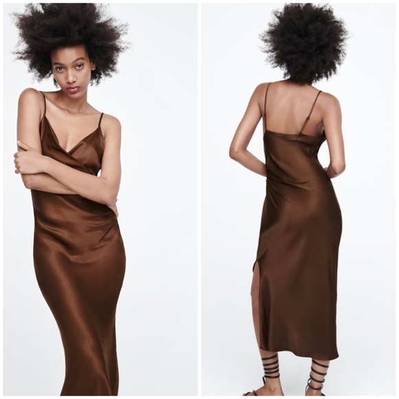 Zara satin effect midi brown dress - Picture 3 of 5